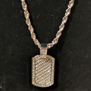 Silver Rope Chain Necklace with Icey Dogtag Pendant